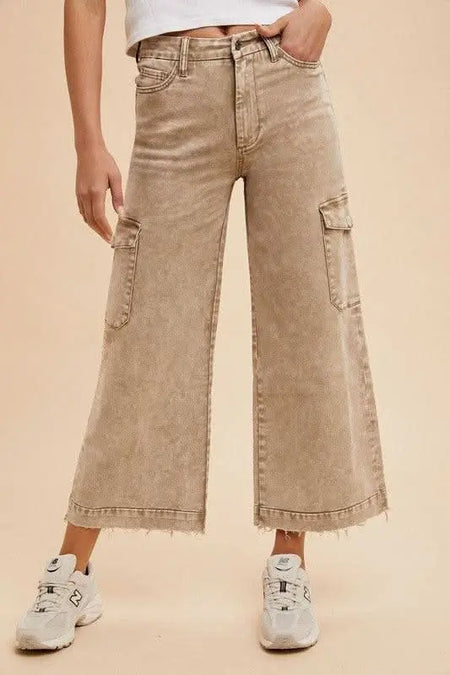 Annie Wear Raw Hem Wide Leg Jeans with Cargo Pockets - Sleekdenim.com