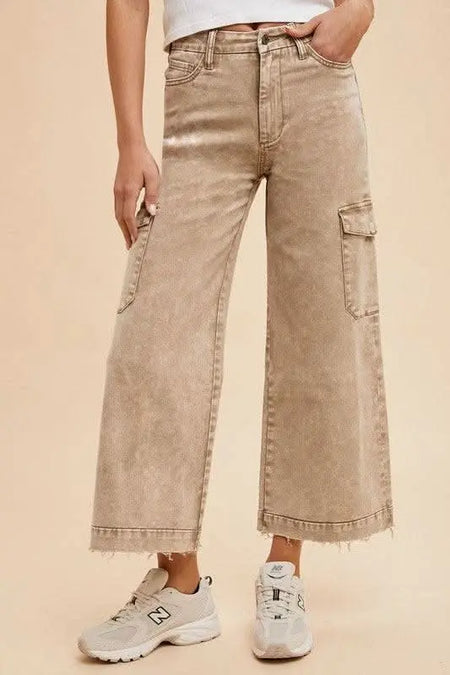 Annie Wear Raw Hem Wide Leg Jeans with Cargo Pockets - Sleekdenim.com