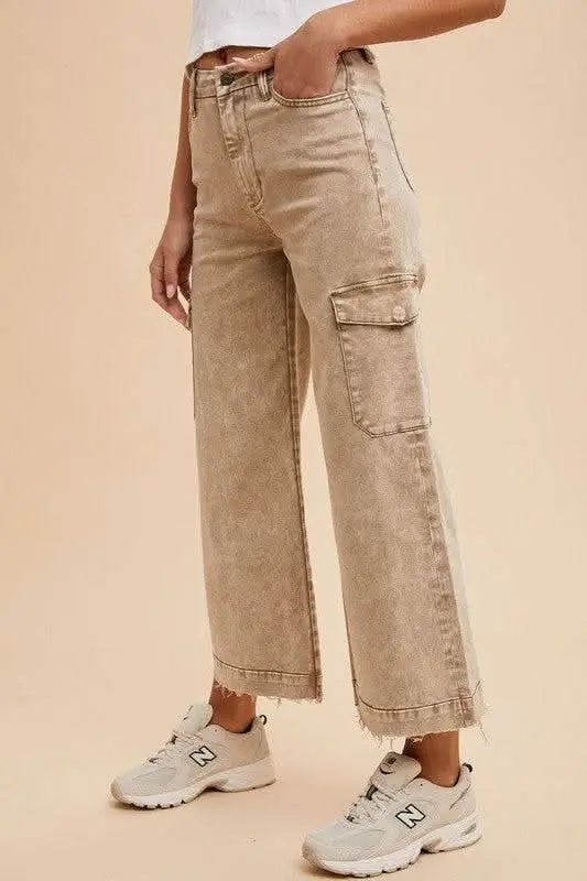 Annie Wear Raw Hem Wide Leg Jeans with Cargo Pockets - Sleekdenim.com