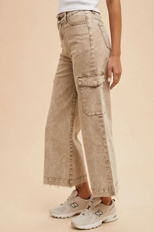 Annie Wear Raw Hem Wide Leg Jeans with Cargo Pockets - Sleekdenim.com