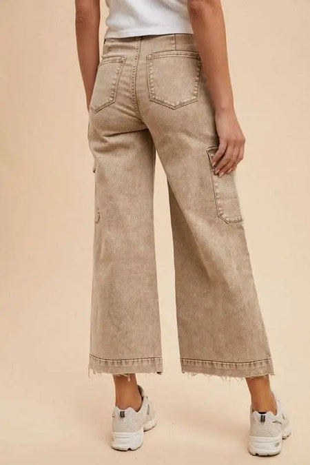 Annie Wear Raw Hem Wide Leg Jeans with Cargo Pockets - Sleekdenim.com