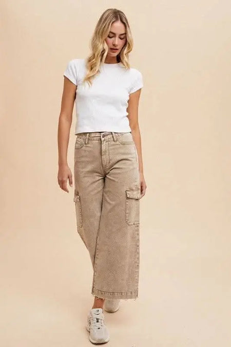 Annie Wear Raw Hem Wide Leg Jeans with Cargo Pockets - Sleekdenim.com