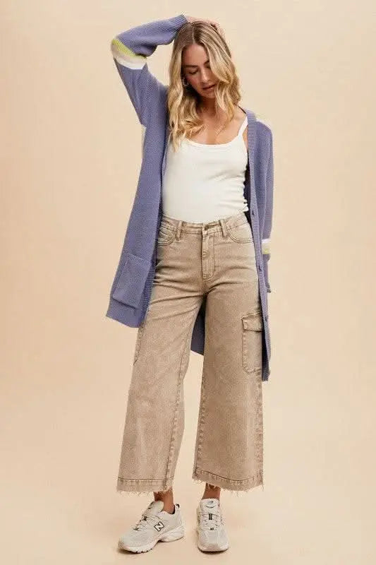 Annie Wear Raw Hem Wide Leg Jeans with Cargo Pockets - Sleekdenim.com