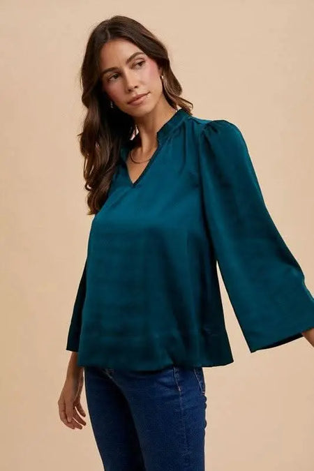 Annie Wear Satin Notched Three - Quarter Sleeve Blouse - Sleekdenim.com