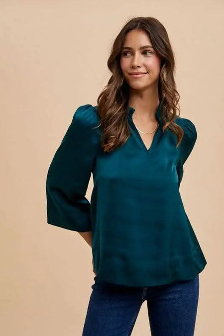 Annie Wear Satin Notched Three - Quarter Sleeve Blouse - Sleekdenim.com