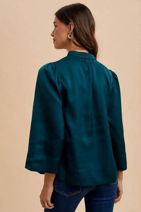 Annie Wear Satin Notched Three - Quarter Sleeve Blouse - Sleekdenim.com