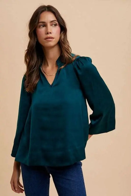 Annie Wear Satin Notched Three - Quarter Sleeve Blouse - Sleekdenim.com