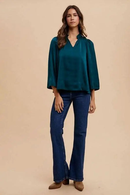 Annie Wear Satin Notched Three - Quarter Sleeve Blouse - Sleekdenim.com