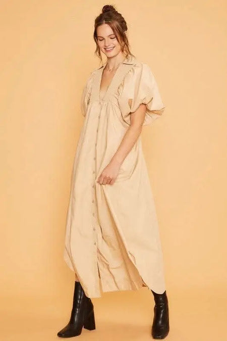 Annie Wear Smocked Puff Sleeve Midi Dress - Sleekdenim.com