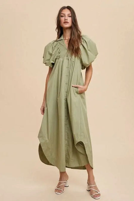 Annie Wear Smocked Puff Sleeve Midi Dress - Sleekdenim.com