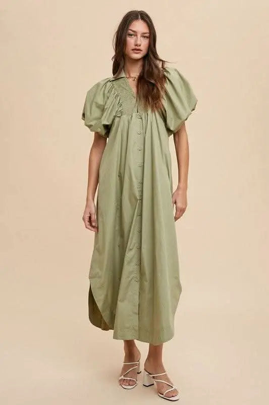 Annie Wear Smocked Puff Sleeve Midi Dress - Sleekdenim.com