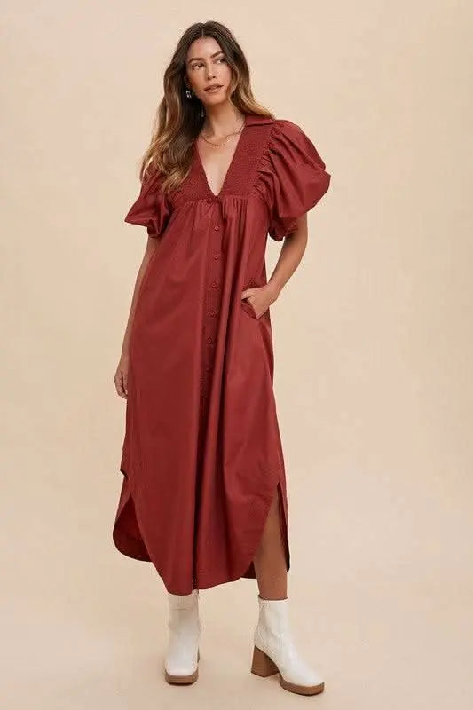 Annie Wear Smocked Puff Sleeve Midi Dress - Sleekdenim.com