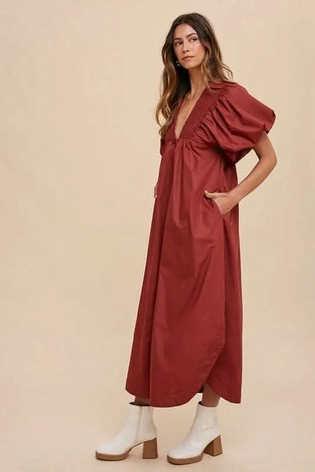 Annie Wear Smocked Puff Sleeve Midi Dress - Sleekdenim.com