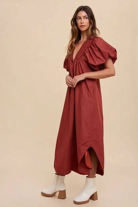 Annie Wear Smocked Puff Sleeve Midi Dress - Sleekdenim.com