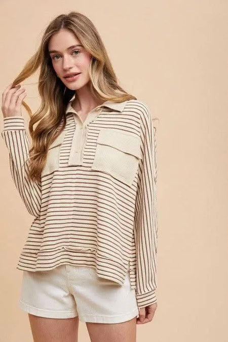 Annie Wear Striped Button Detail Long Sleeve Polo Top - Sleekdenim.com