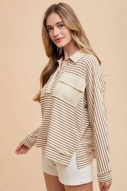 Annie Wear Striped Button Detail Long Sleeve Polo Top - Sleekdenim.com