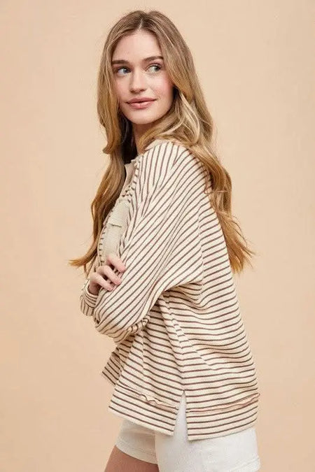 Annie Wear Striped Button Detail Long Sleeve Polo Top - Sleekdenim.com