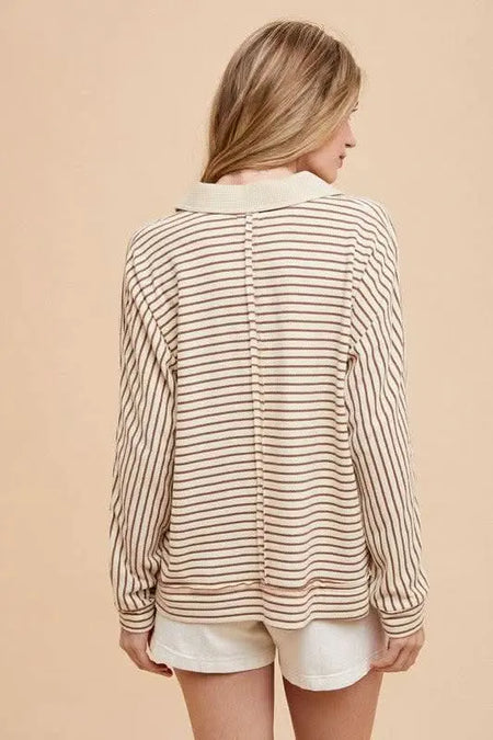 Annie Wear Striped Button Detail Long Sleeve Polo Top - Sleekdenim.com