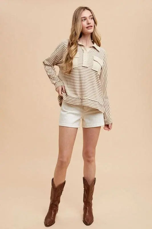 Annie Wear Striped Button Detail Long Sleeve Polo Top - Sleekdenim.com