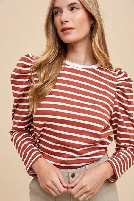 Annie Wear Striped Round Neck Puff Sleeve French Terry Top - Sleekdenim.com