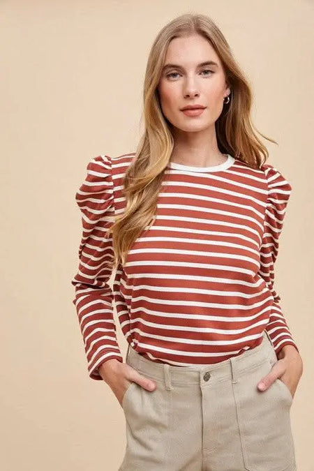 Annie Wear Striped Round Neck Puff Sleeve French Terry Top - Sleekdenim.com