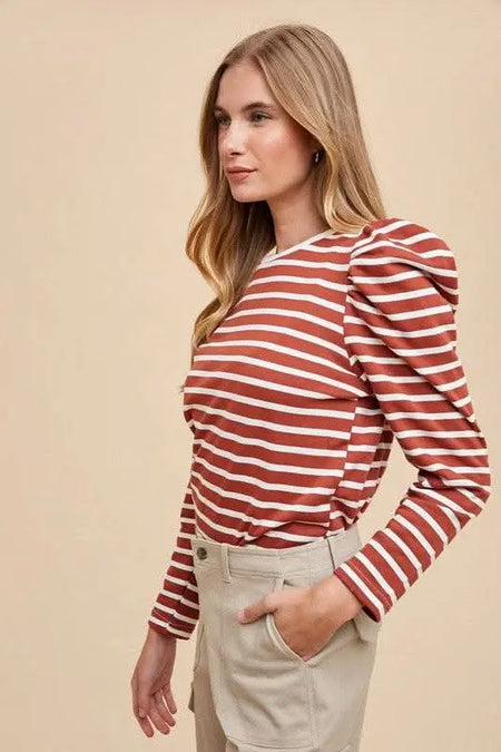 Annie Wear Striped Round Neck Puff Sleeve French Terry Top - Sleekdenim.com