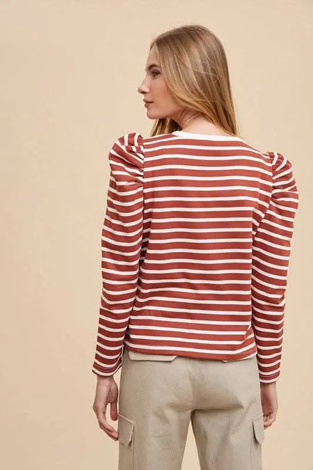 Annie Wear Striped Round Neck Puff Sleeve French Terry Top - Sleekdenim.com