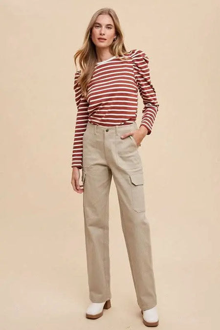 Annie Wear Striped Round Neck Puff Sleeve French Terry Top - Sleekdenim.com