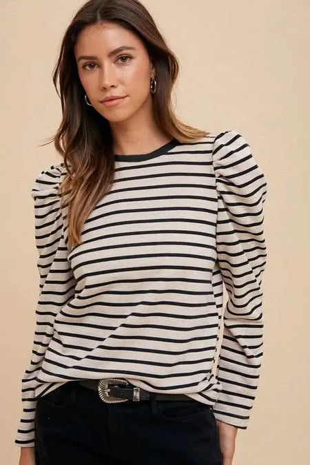 Annie Wear Striped Round Neck Puff Sleeve French Terry Top - Sleekdenim.com