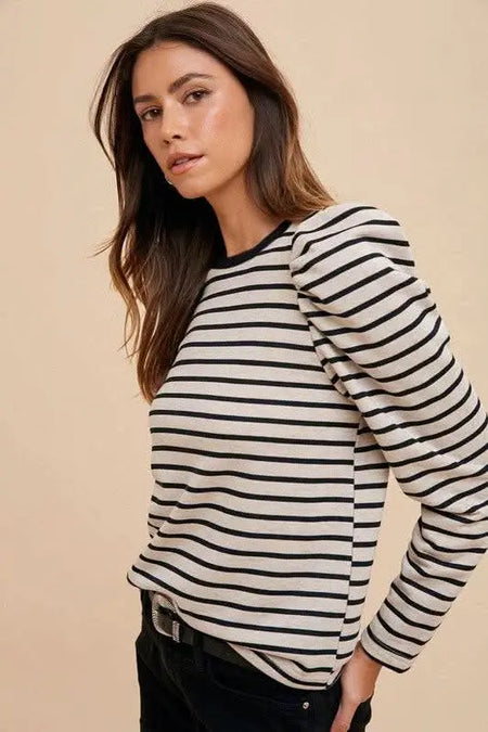 Annie Wear Striped Round Neck Puff Sleeve French Terry Top - Sleekdenim.com