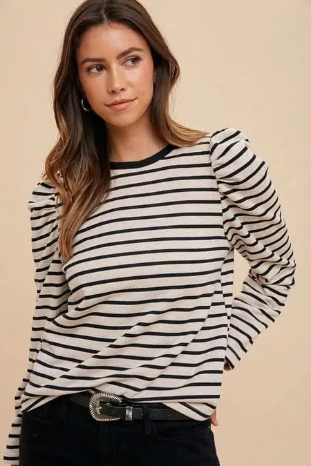 Annie Wear Striped Round Neck Puff Sleeve French Terry Top - Sleekdenim.com