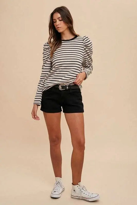 Annie Wear Striped Round Neck Puff Sleeve French Terry Top - Sleekdenim.com