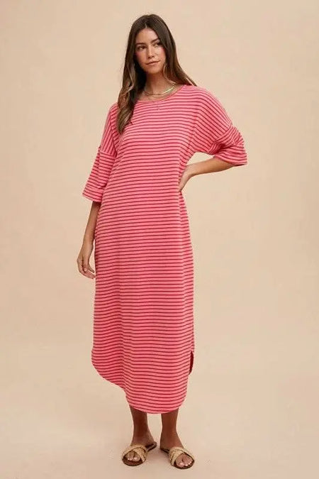 Annie Wear Striped Round Neck Terry Midi Dress - Sleekdenim.com