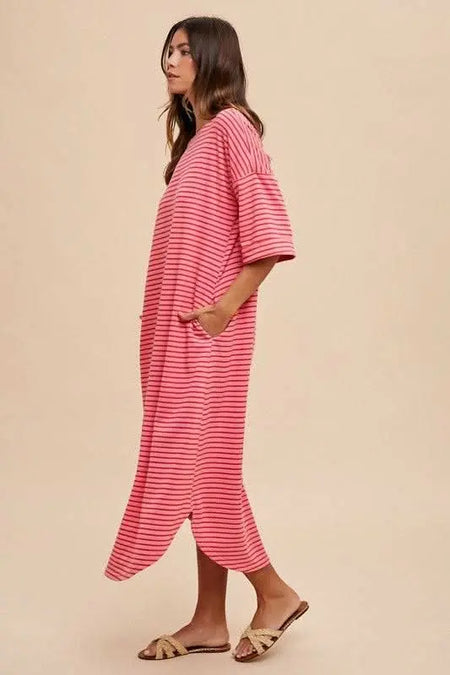 Annie Wear Striped Round Neck Terry Midi Dress - Sleekdenim.com