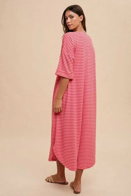 Annie Wear Striped Round Neck Terry Midi Dress - Sleekdenim.com