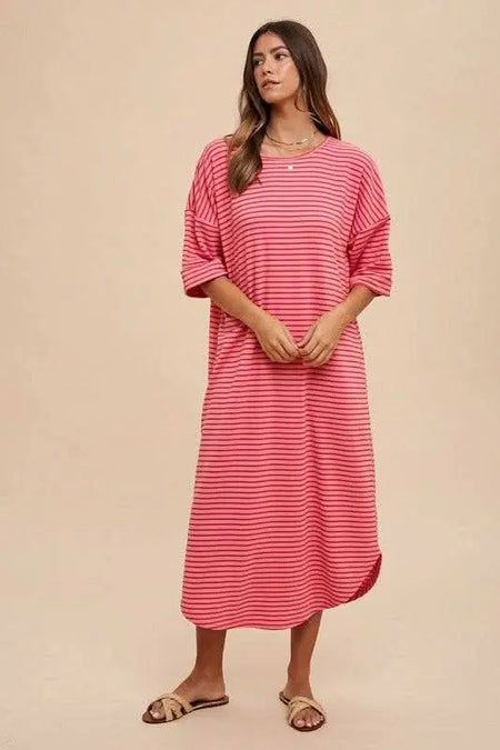 Annie Wear Striped Round Neck Terry Midi Dress - Sleekdenim.com