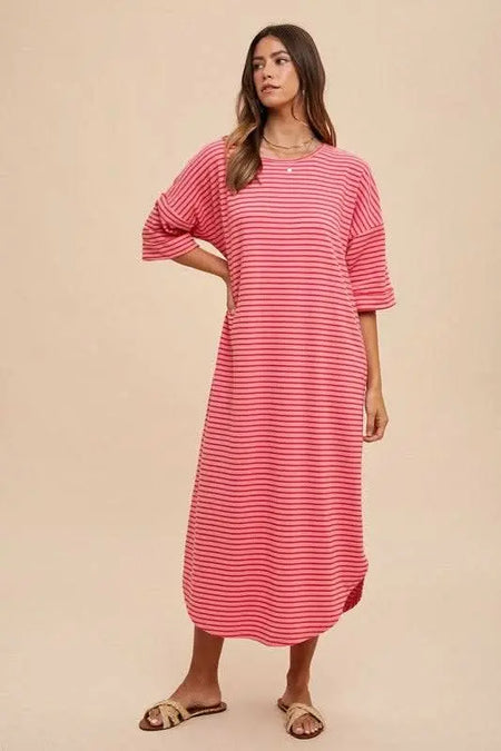 Annie Wear Striped Round Neck Terry Midi Dress - Sleekdenim.com