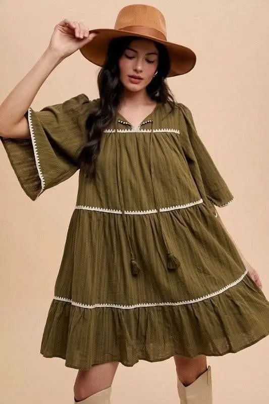 Annie Wear Tassel Contrast Trim Tie Neck Half Sleeve Tiered Dress - Sleekdenim.com