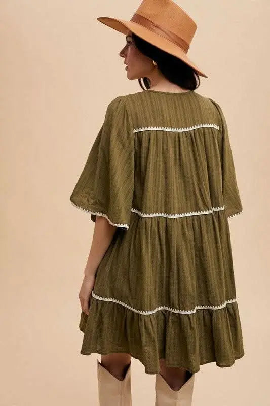 Annie Wear Tassel Contrast Trim Tie Neck Half Sleeve Tiered Dress - Sleekdenim.com