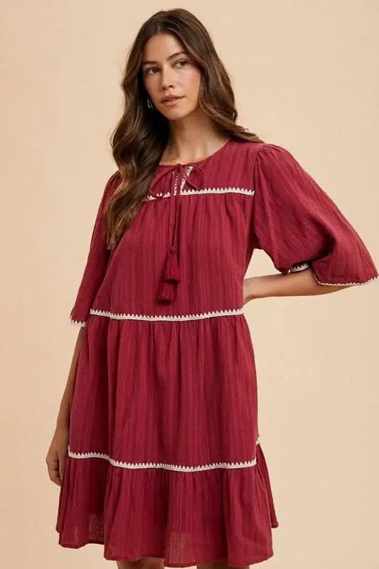 Annie Wear Tassel Contrast Trim Tie Neck Half Sleeve Tiered Dress - Sleekdenim.com