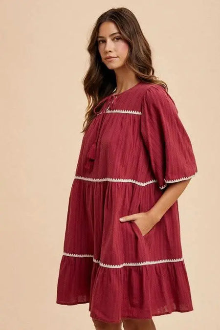 Annie Wear Tassel Contrast Trim Tie Neck Half Sleeve Tiered Dress - Sleekdenim.com