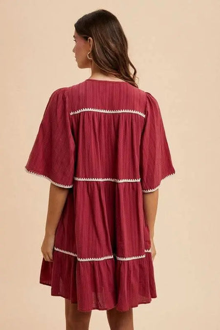 Annie Wear Tassel Contrast Trim Tie Neck Half Sleeve Tiered Dress - Sleekdenim.com