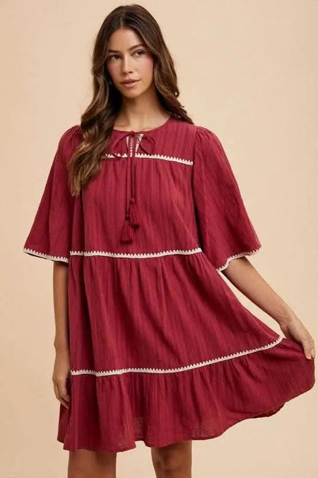 Annie Wear Tassel Contrast Trim Tie Neck Half Sleeve Tiered Dress - Sleekdenim.com