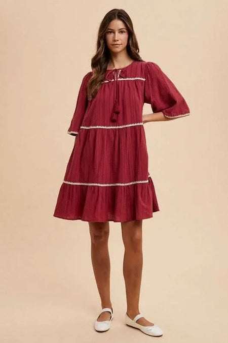 Annie Wear Tassel Contrast Trim Tie Neck Half Sleeve Tiered Dress - Sleekdenim.com