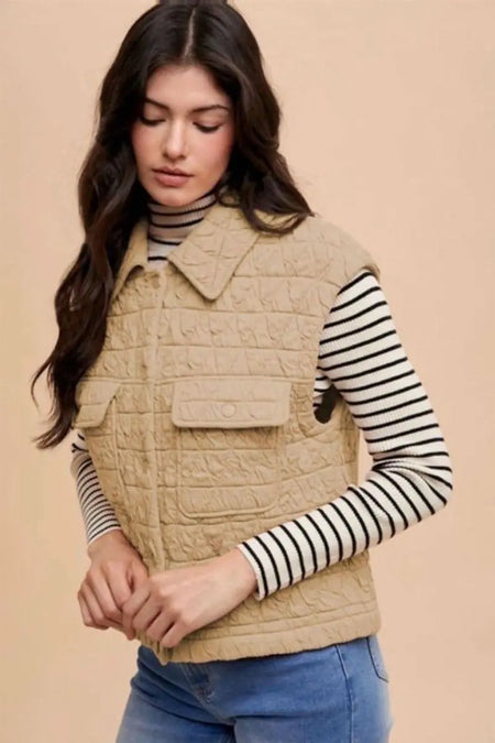 Annie Wear Texture Quilted Snap Down Vest Coat - Sleekdenim.com