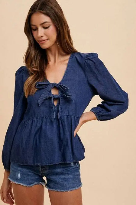 Annie Wear Tie Front Peplum Long Sleeve Denim Top - Sleekdenim.com