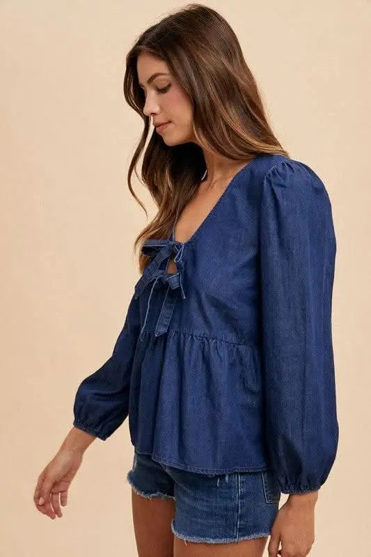 Annie Wear Tie Front Peplum Long Sleeve Denim Top - Sleekdenim.com