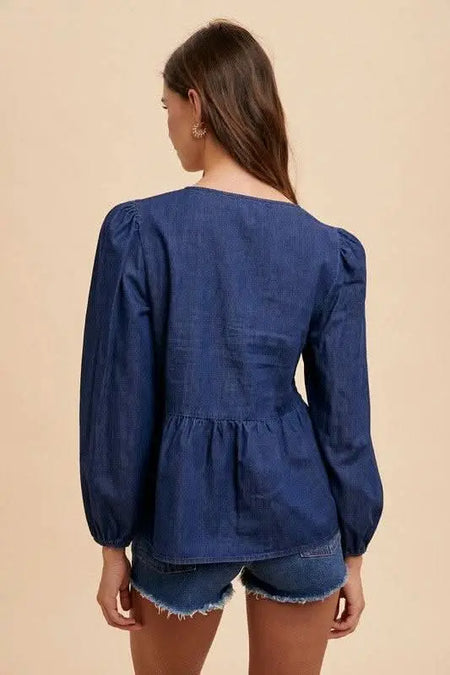 Annie Wear Tie Front Peplum Long Sleeve Denim Top - Sleekdenim.com