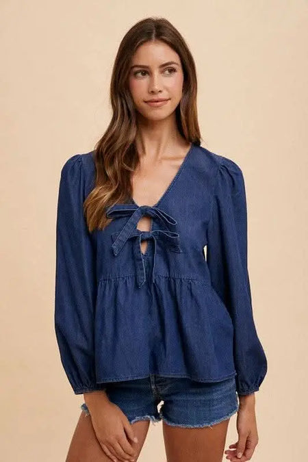 Annie Wear Tie Front Peplum Long Sleeve Denim Top - Sleekdenim.com