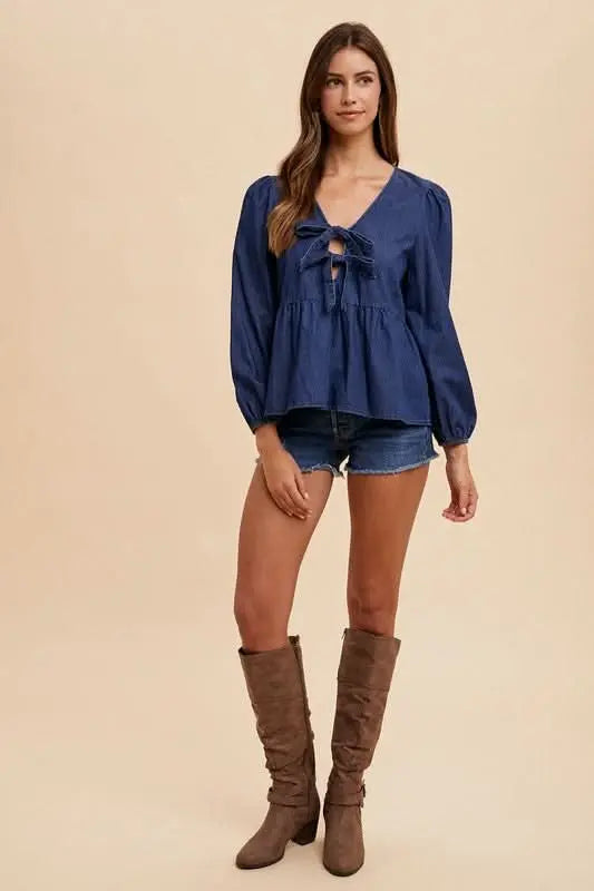 Annie Wear Tie Front Peplum Long Sleeve Denim Top - Sleekdenim.com